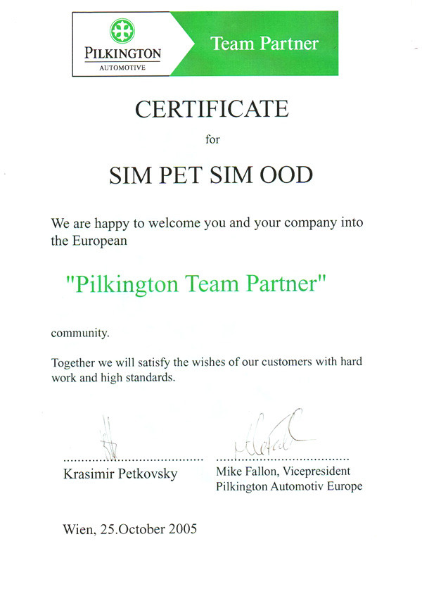 Pilkington Team Partner Certificate